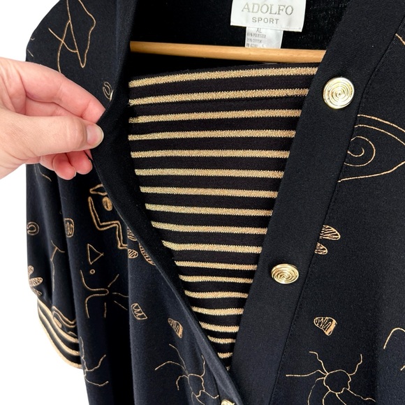Vintage Adolfo Sport Womens Abstract Print Metallic Gold Top Size XL Black Artsy - Picture 12 of 15